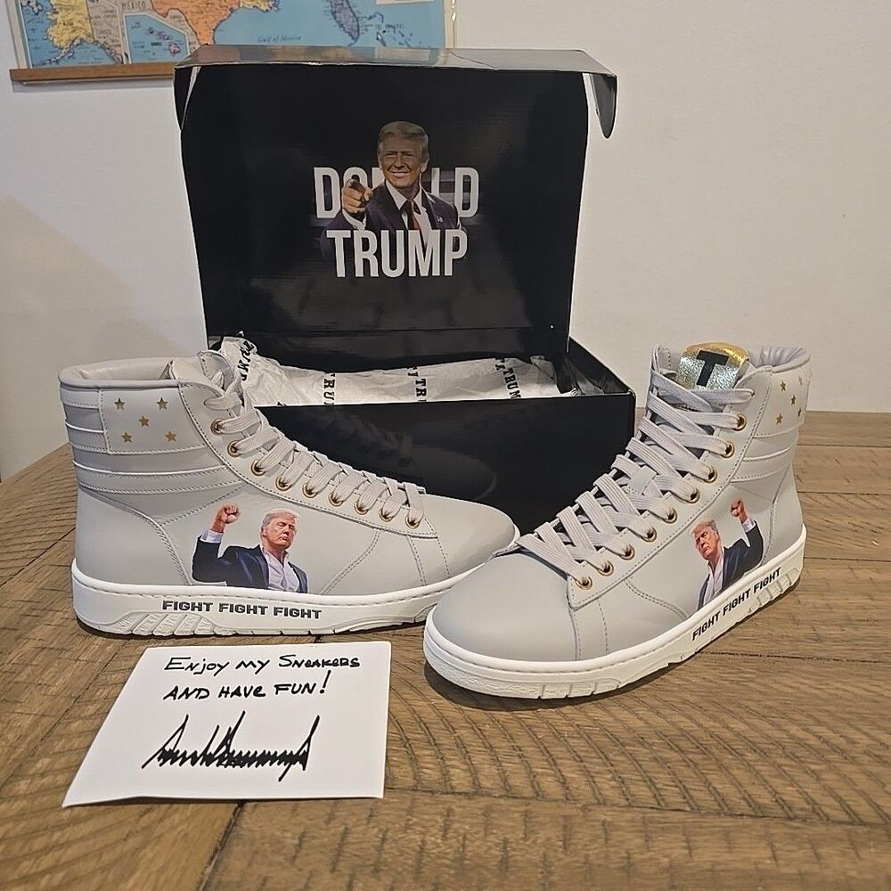 Trump FIGHT FIGHT FIGHT Silver Grey Hightop Size M11 W12.5 218/2024 Signed Card